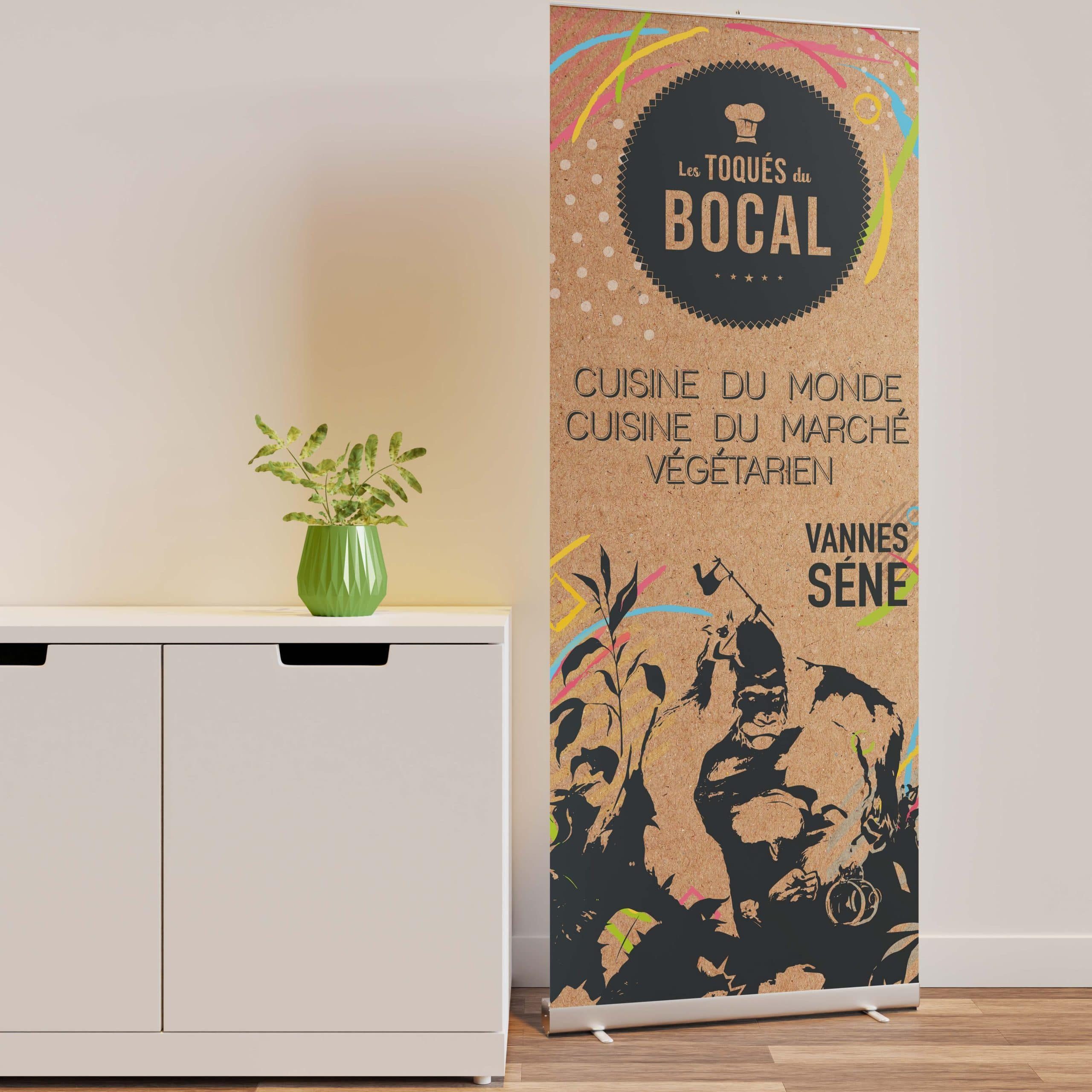 Roll up banner mockup in interior scene next to the cupboard